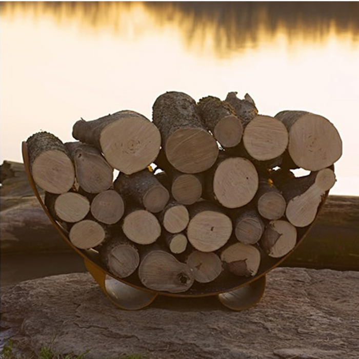 Fire pit art outdoor Asia 72" fire pit stainless steel crescent log rack
