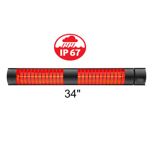 RADtec 34-inch IP67 waterproof electric patio heater glowing red, ideal for outdoor use.