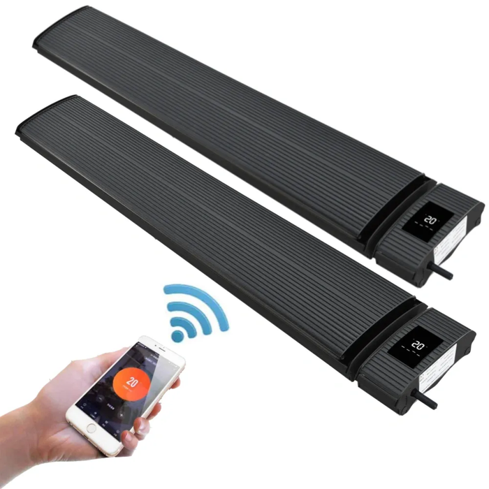 Two RADtec E32rw WiFi Smart Controlled Zero Light Patio Heaters – Black Wall or Ceiling Mounted Electric Infrared Heaters with Smartphone App Control