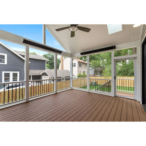 Covered patio with ceiling-mounted RADtec zero light infrared heaters, ideal for year-round outdoor comfort