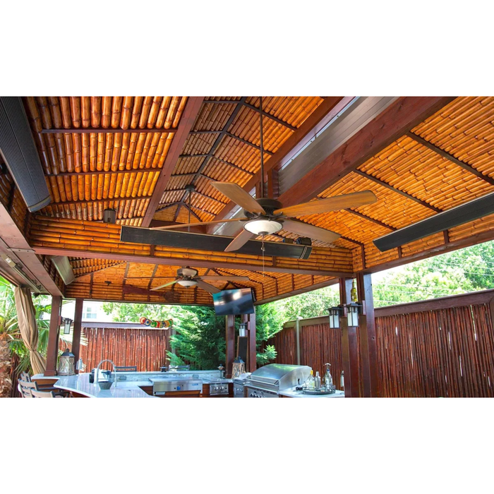 Outdoor bamboo patio with ceiling fans, RADtec infrared heaters, and a full kitchen setup for luxury entertaining