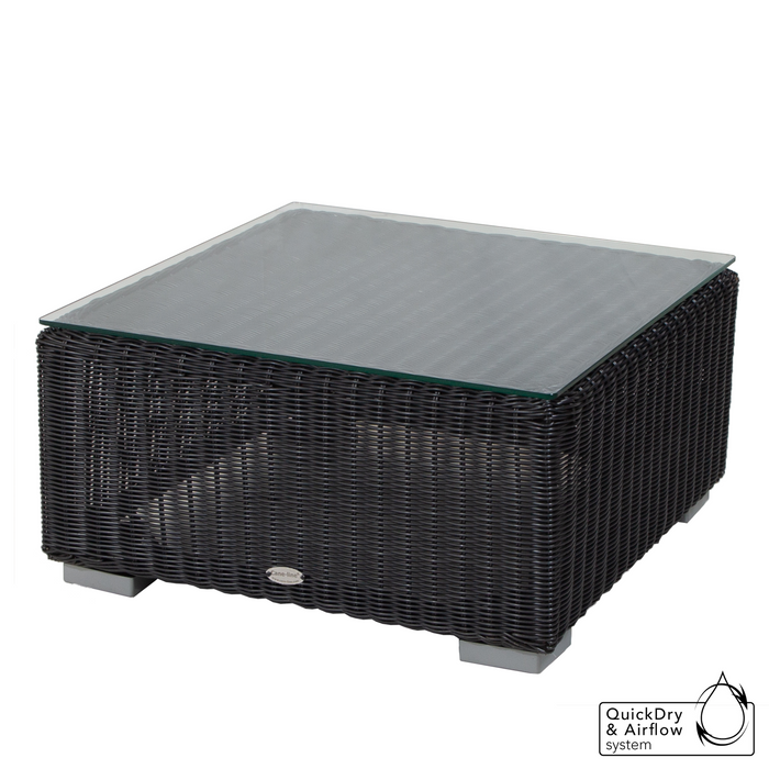 cane-line chester footstool coffee table in Graphite, Small Round Cane-line Weave footstool with Clear, Safety Glass
