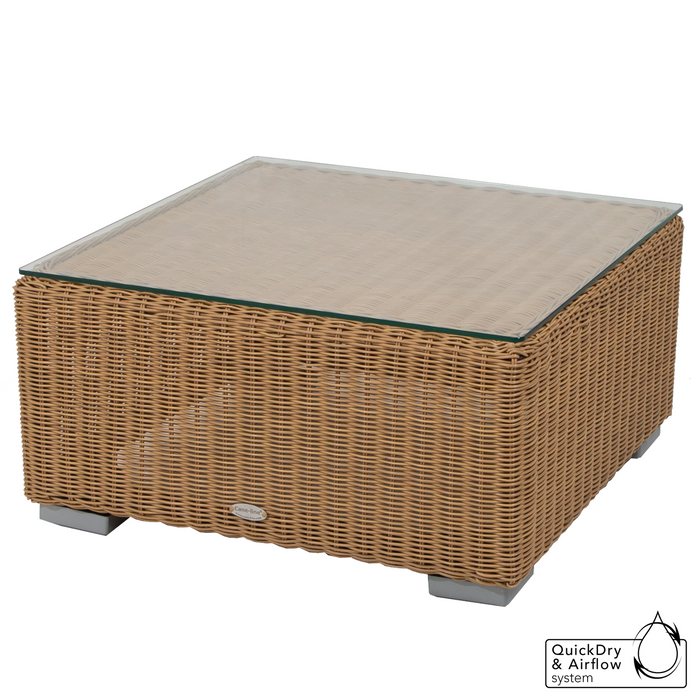 cane-line chester footstool coffee table in Natural, Small Round Cane-line Weave footstool with Clear, Safety Glass