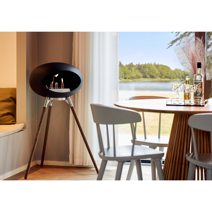 Le Feu Black Dome Bioethanol Fireplace ground high polished steel bowl, smoked and steel burner indoor with indoor furniture lifestyle