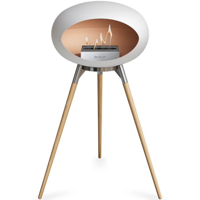 Le Feu White Dome Bioethanol Fireplace ground high polished steel bowl, soaptreated legs and steel burner