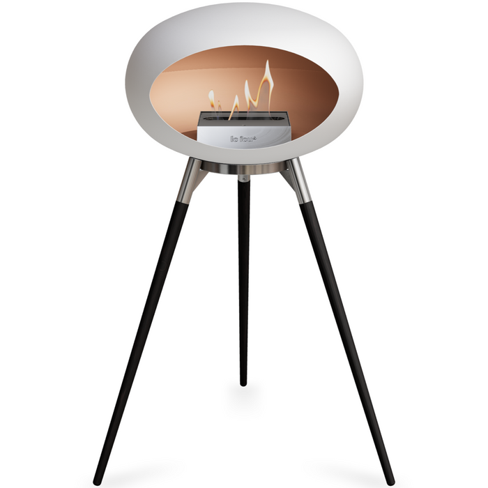 Le Feu White Dome Bioethanol Fireplace ground high polished steel bowl, black legs and steel burner