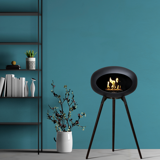 Le Feu Black Dome Bioethanol Fireplace ground high black bowl, black legs and rose gold burner indoor lifestyle