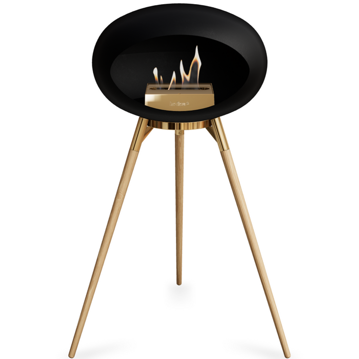 Le Feu Black Dome Bioethanol Fireplace ground high rose gold bowl, soaptreated legs and rose gold burner