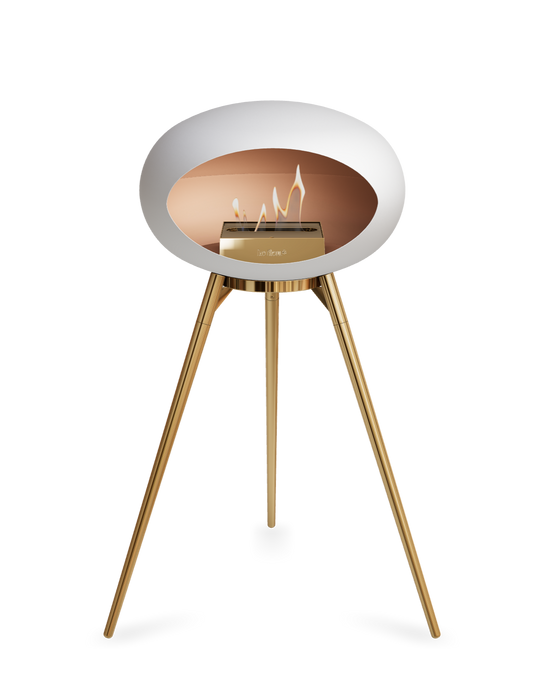 Le Feu White Dome Bioethanol Fireplace ground high rose gold bowl, rose gold legs and rose gold burner