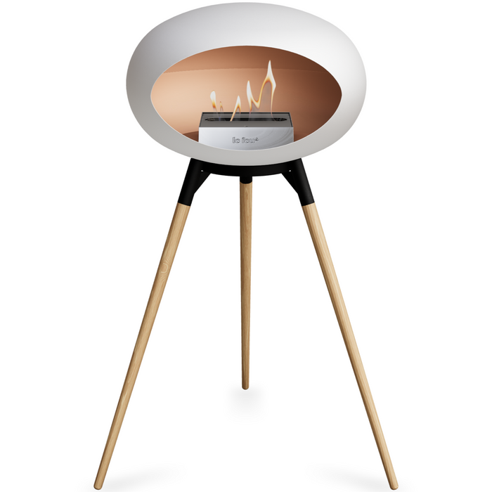 Le Feu White Dome Bioethanol Fireplace ground high black bowl, soaptreated legs and steel burner