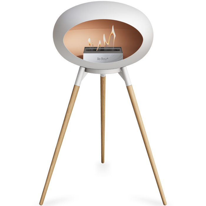 Le Feu White Dome Bioethanol Fireplace ground high white bowl, soaptreated legs and steel burner