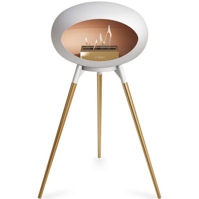Le Feu White Dome Bioethanol Fireplace ground high white bowl, rose gold legs and rose gold burner