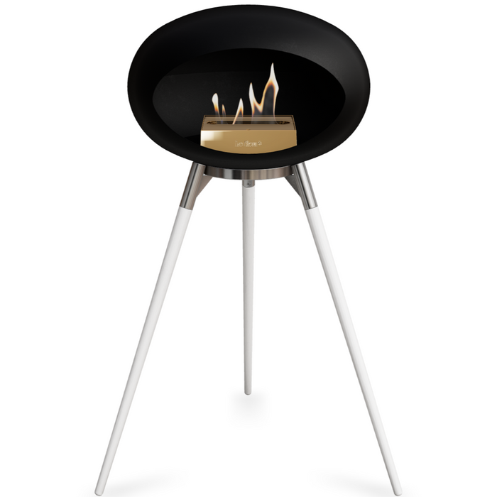 Le Feu Black Dome Bioethanol Fireplace ground high polished steel bowl, white legs and rose gold burner