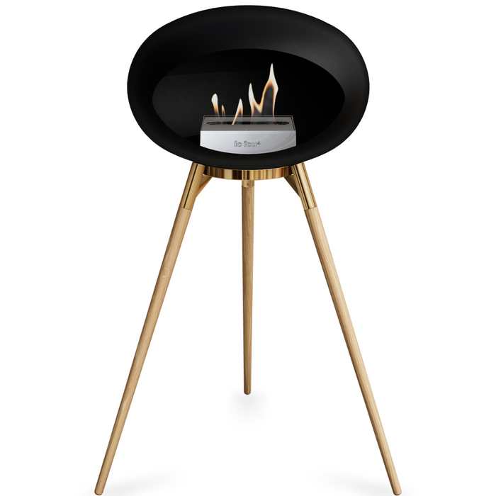 Le Feu Black Dome Bioethanol Fireplace ground high rose gold bowl, soaptreated legs and steel burner