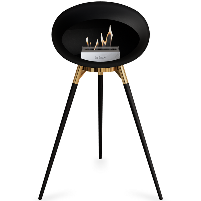 Le Feu Black Dome Bioethanol Fireplace ground high rose gold bowl, black legs and steel burner