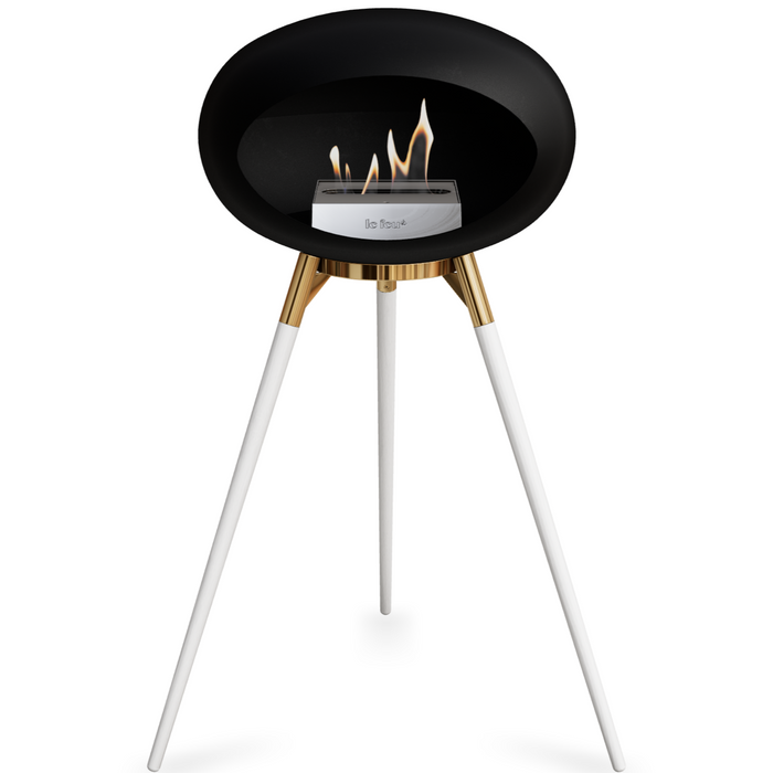 Le Feu Black Dome Bioethanol Fireplace ground high rose gold bowl, white legs and steel burner