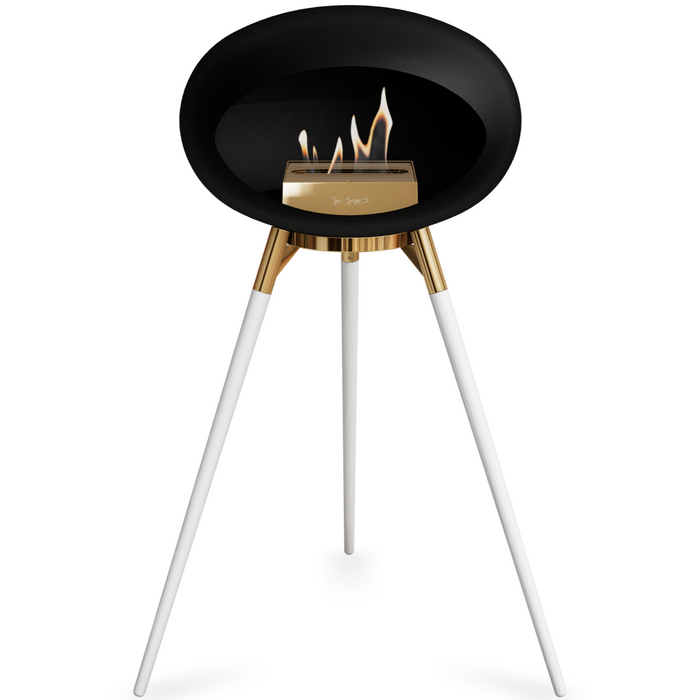 Le Feu Black Dome Bioethanol Fireplace ground high rose gold bowl, white legs and rose gold burner