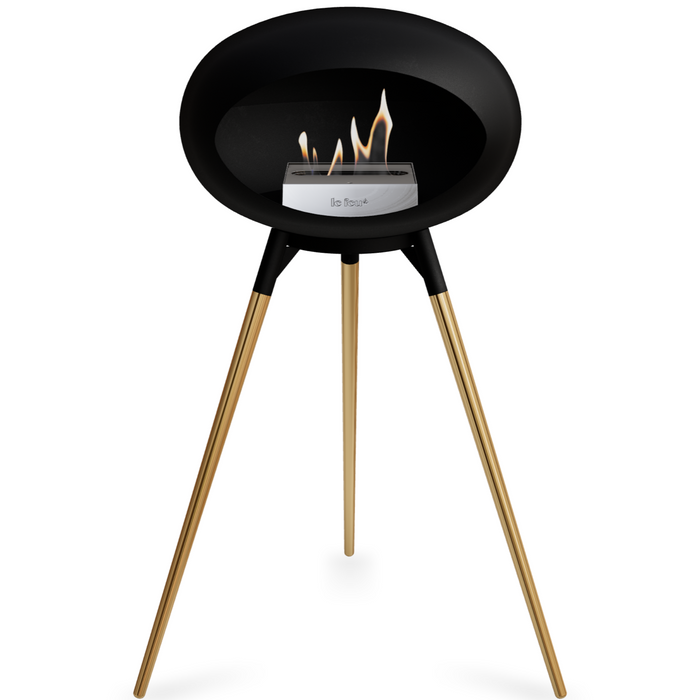 Le Feu Black Dome Bioethanol Fireplace ground high black bowl, rose gold legs and steel burner