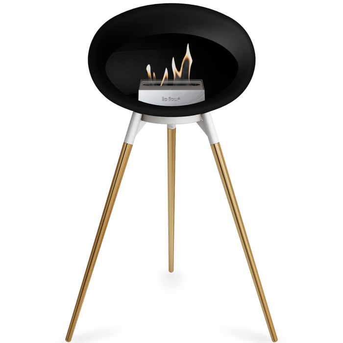 Le Feu Black Dome Bioethanol Fireplace ground high white bowl, rose gold legs and steel burner
