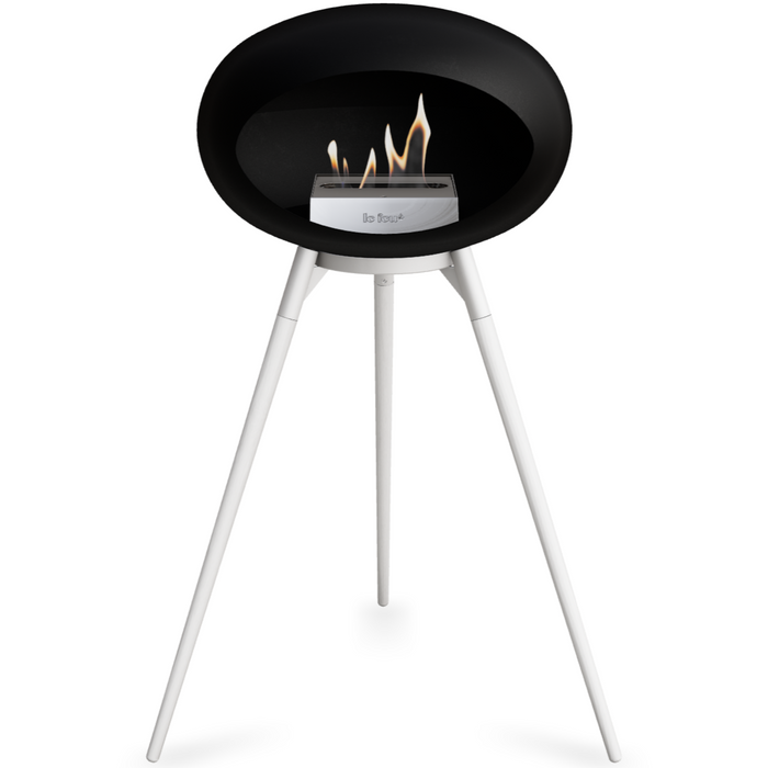 Le Feu Black Dome Bioethanol Fireplace ground high white bowl, white legs and steel burner