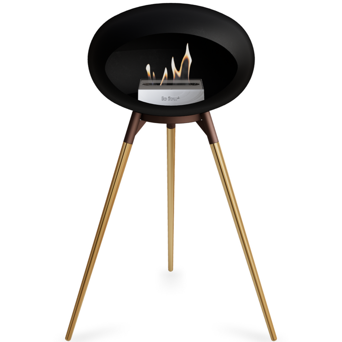 Le Feu Black Dome Bioethanol Fireplace ground high mocca bowl, rose gold legs and steel burner