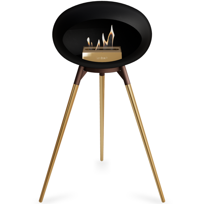 Le Feu Black Dome Bioethanol Fireplace ground high mocca bowl, rose gold legs and rose gold burner