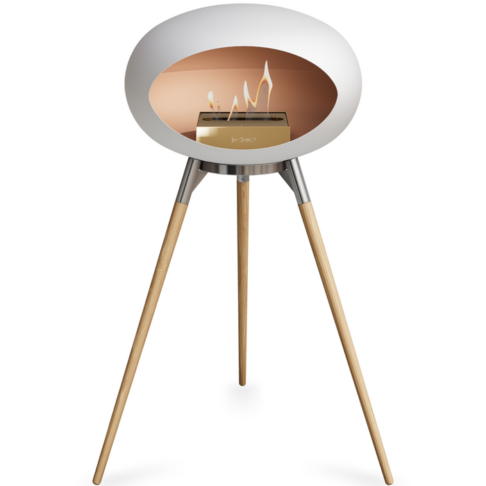 Le Feu White Dome Bioethanol Fireplace ground high polished steel bowl, soaptreated legs and rose gold burner