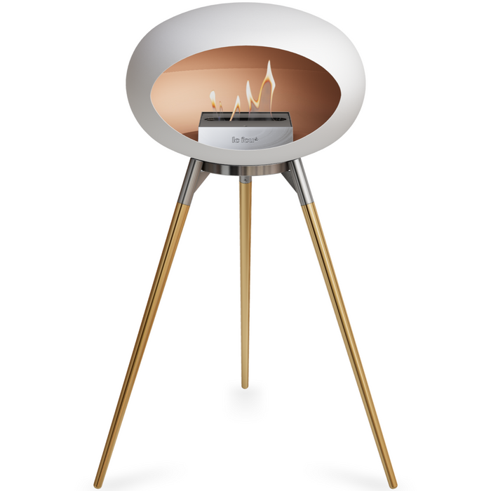 Le Feu White Dome Bioethanol Fireplace ground high polished steel bowl, rose gold legs and steel burner