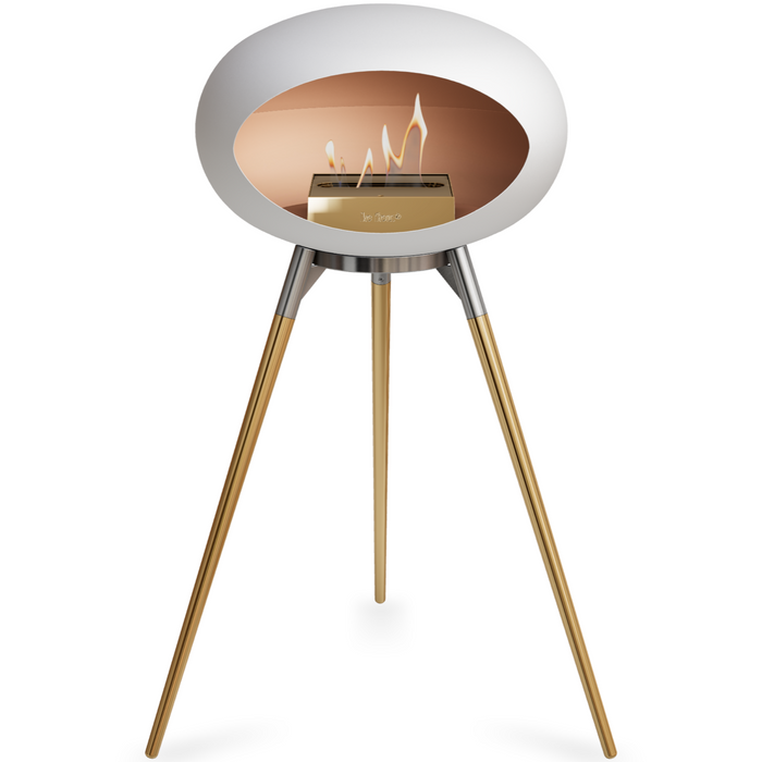 Le Feu White Dome Bioethanol Fireplace ground high polished steel bowl, rose gold legs and rose gold burner