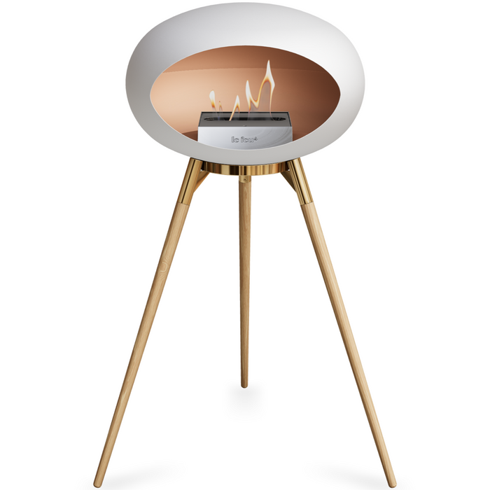 Le Feu White Dome Bioethanol Fireplace ground high rose gold bowl, soaptreated legs and steel burner