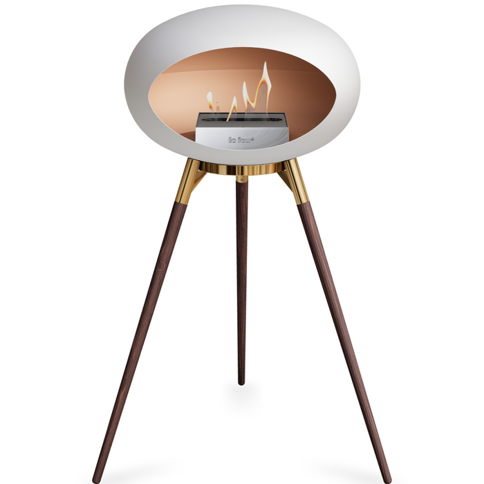 Le Feu White Dome Bioethanol Fireplace ground high rose gold bowl, smoked legs and steel burner