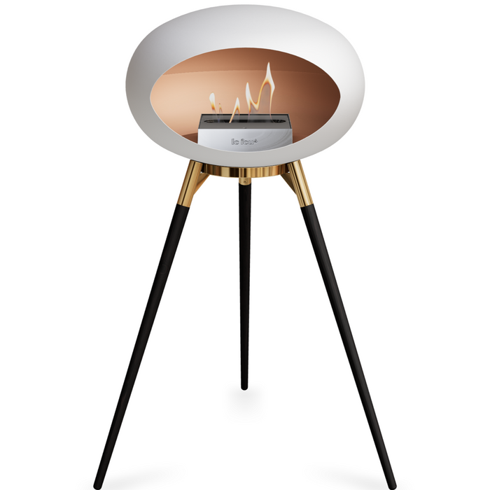 Le Feu White Dome Bioethanol Fireplace ground high rose gold bowl, black legs and steel burner