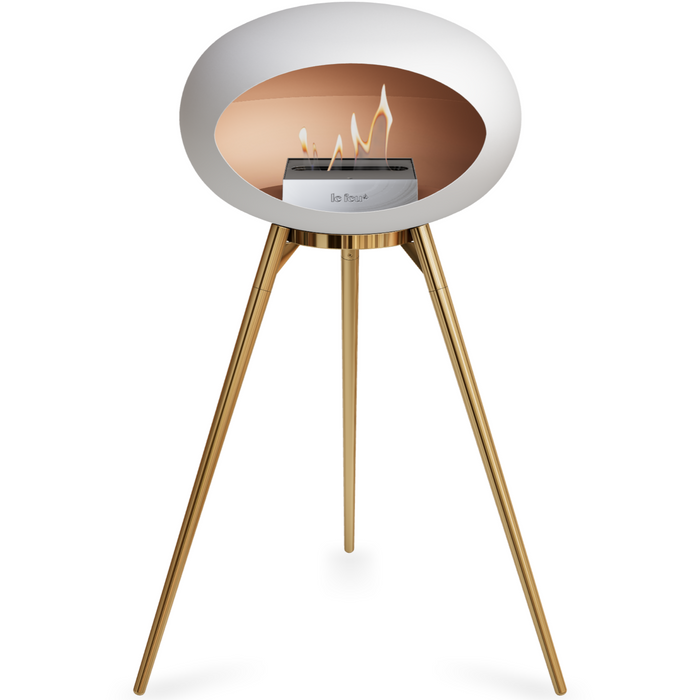 Le Feu White Dome Bioethanol Fireplace ground high rose gold bowl, rose gold legs and steel burner