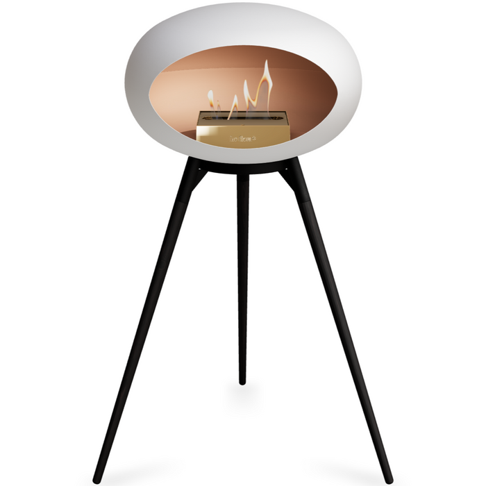 Le Feu White Dome Bioethanol Fireplace ground high black bowl, black legs and rose gold burner