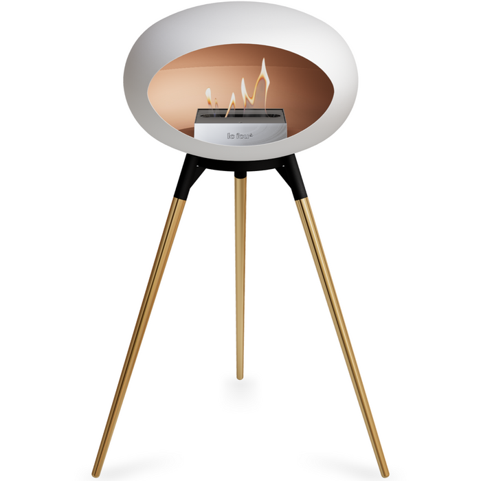 Le Feu White Dome Bioethanol Fireplace ground high black bowl, rose gold legs and steel burner