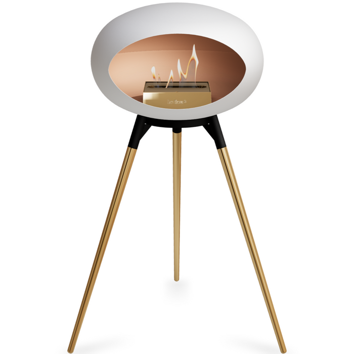 Le Feu White Dome Bioethanol Fireplace ground high black bowl, rose gold legs and rose gold burner