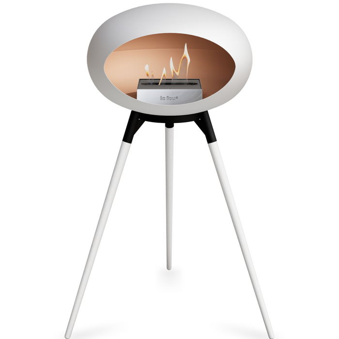 Le Feu White Dome Bioethanol Fireplace ground high black bowl, white legs and steel burner