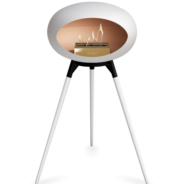 Le Feu White Dome Bioethanol Fireplace ground high black bowl, white legs and rose gold burner