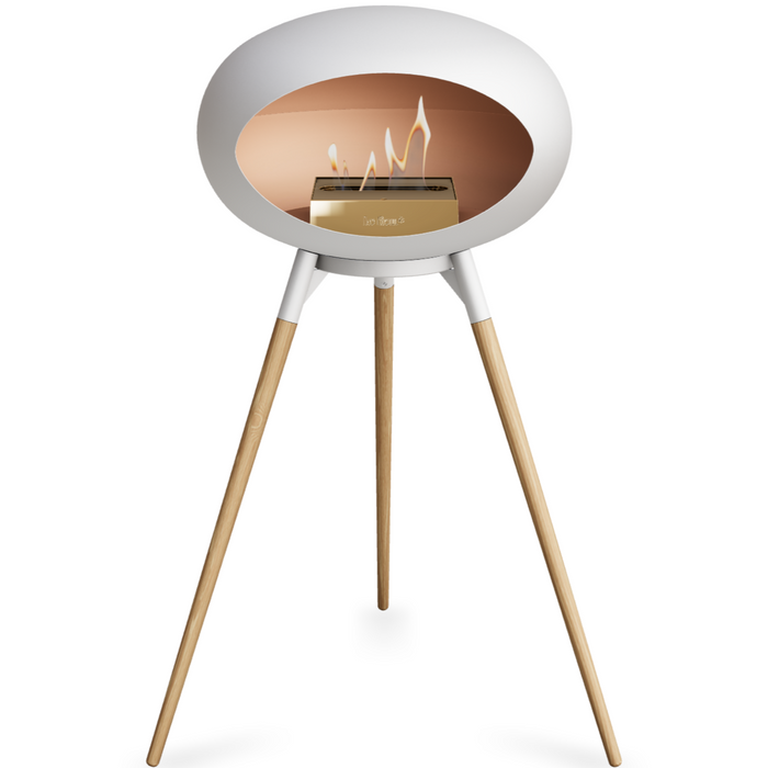 Le Feu White Dome Bioethanol Fireplace ground high white bowl, soaptreated legs and rose gold burner