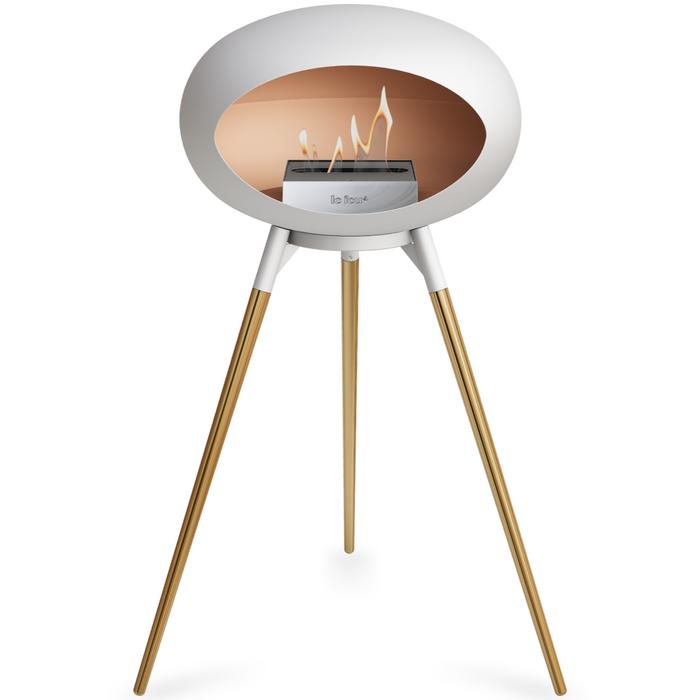 Le Feu White Dome Bioethanol Fireplace ground high white bowl, rose gold legs and steel burner
