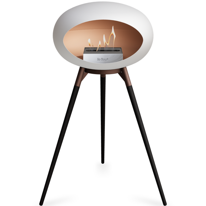 Le Feu White Dome Bioethanol Fireplace ground high mocca bowl, black legs and steel burner