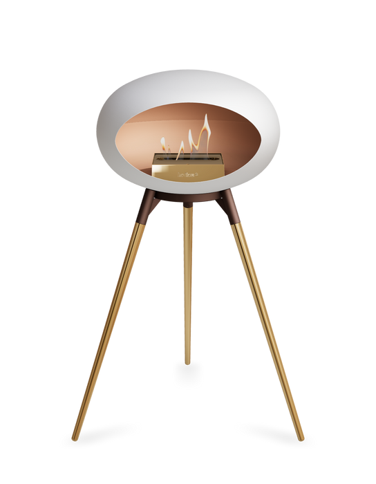 Le Feu White Dome Bioethanol Fireplace ground high mocca bowl, rose gold legs and rose gold burner