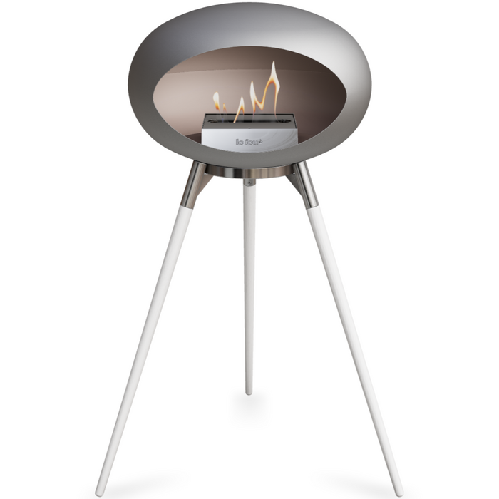 Le Feu Nickle Dome Bioethanol Fireplace ground high polished steel bowl, white legs and steel burner