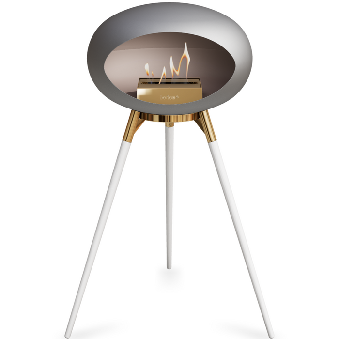 Le Feu Nickle Dome Bioethanol Fireplace ground high rose gold bowl, white legs and rose gold burner