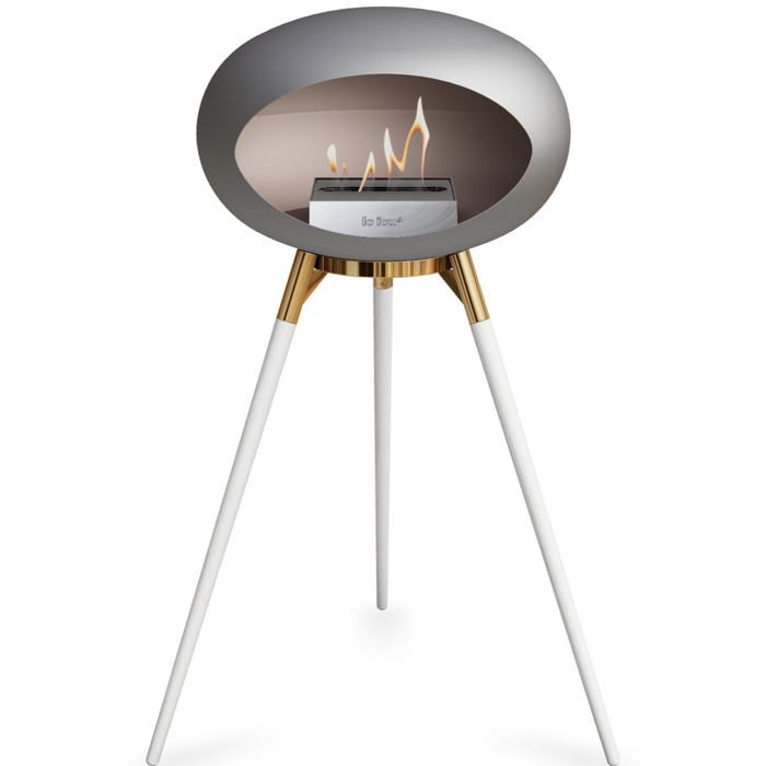 Le Feu Nickle Dome Bioethanol Fireplace ground high rose gold bowl, white legs and steel burner