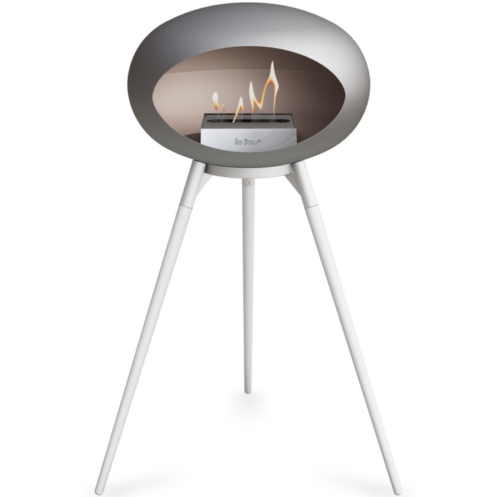 Le Feu Nickle Dome Bioethanol Fireplace ground high white bowl, white legs and steel burner