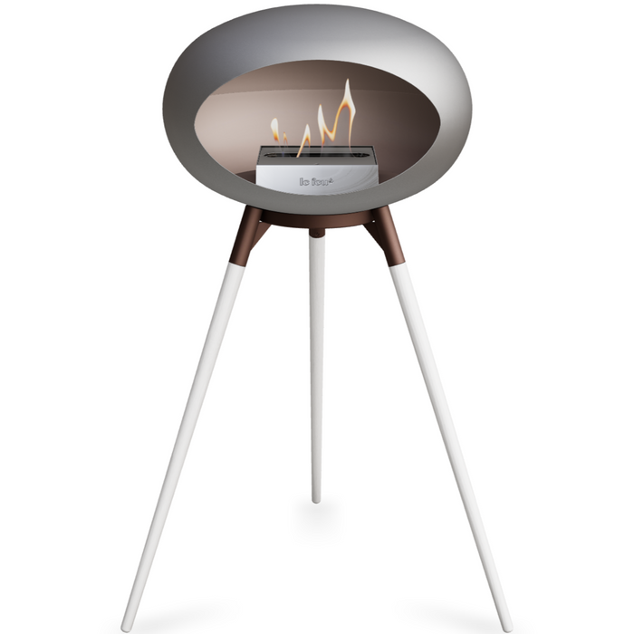 Le Feu Nickle Dome Bioethanol Fireplace ground high mocca bowl, white legs and steel burner