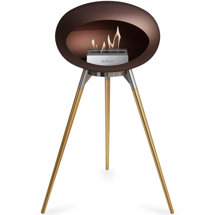 Le Feu Mocca Dome Bioethanol Fireplace ground high polished steel bowl, rose gold legs and steel burner