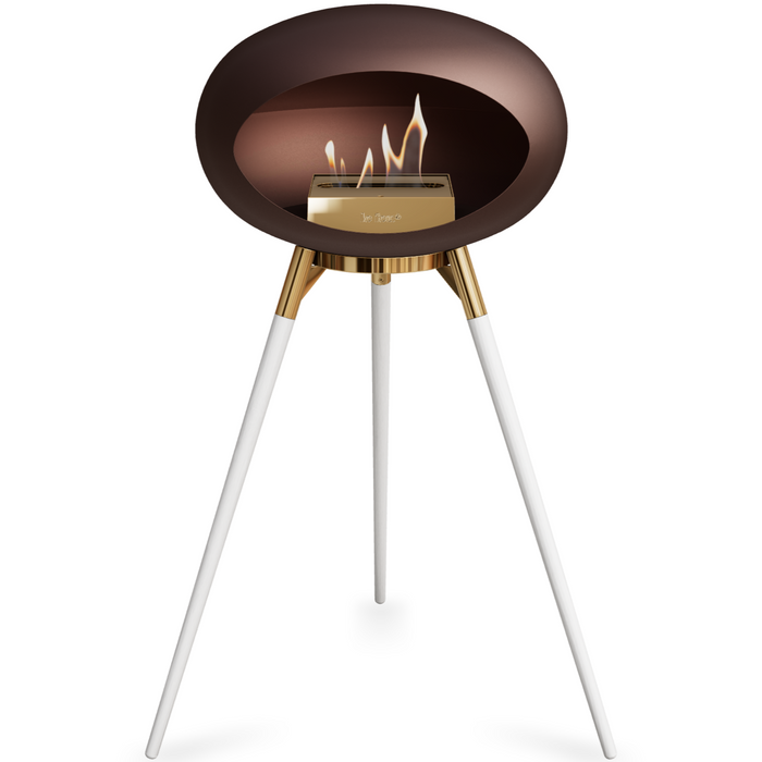 Le Feu Mocca Dome Bioethanol Fireplace ground high rose gold bowl, white legs and rose gold burner