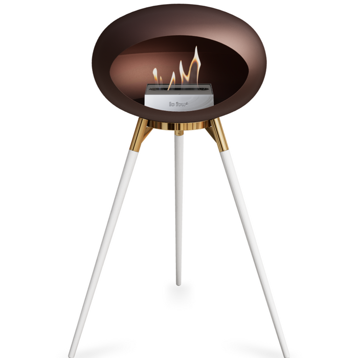 Le Feu Mocca Dome Bioethanol Fireplace ground high rose gold bowl, white legs and steel burner